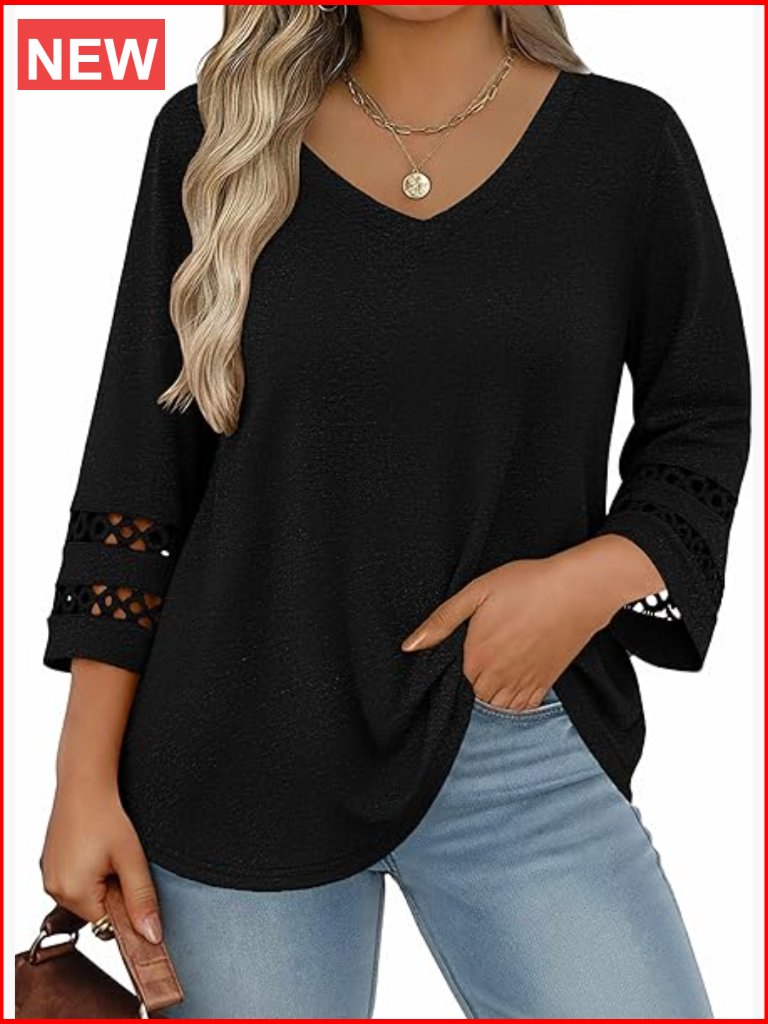Women's Plus Size 3/4 Sleeve V-Neck Tunic Blouse Loose Fit Business Work Top